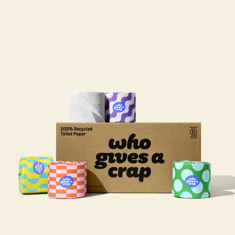 A medium box of Who Gives A Crap Recycled Toilet Paper with colorful wrappers - eco-friendly, biodegradable and sustainable toilet paper