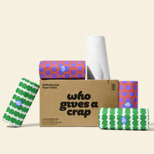 A large box of Who Gives A Crap 100% Recycled Paper Towels with colorful wrappers - eco-friendly, biodegradeable and sustainable