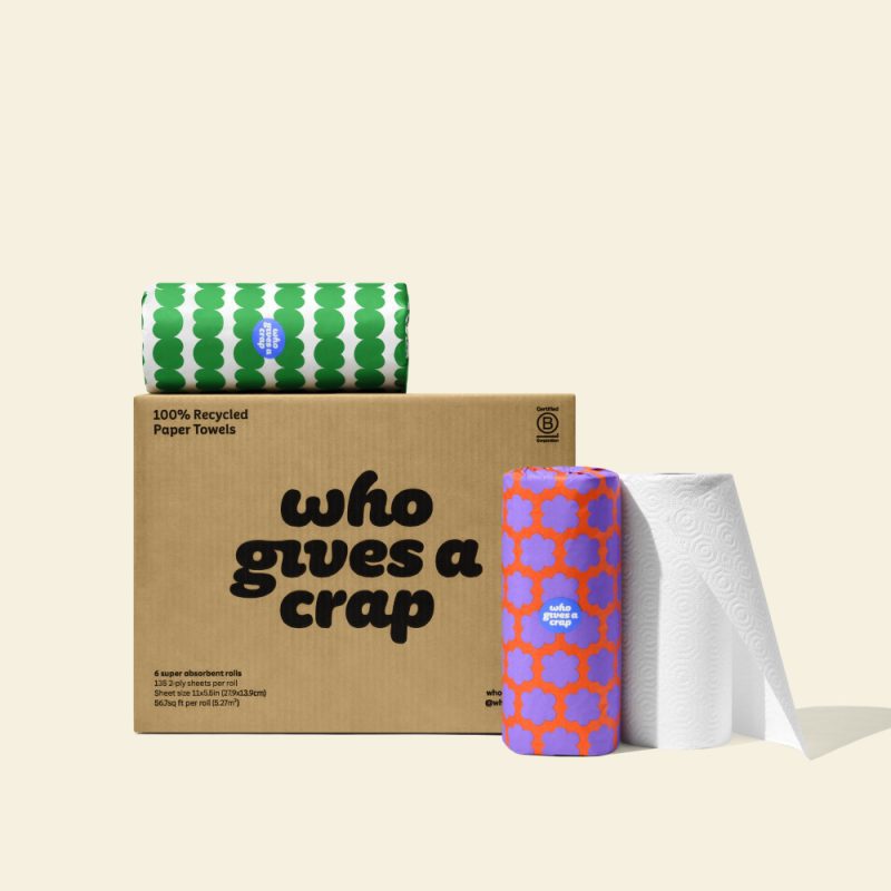 A small box of Who Gives A Crap 100% Recycled Paper Towels with colorful wrappers - eco-friendly, biodegradeable and sustainable