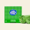 Two rolls of compostable food scrap bags next to a green and white polka-dotted box that contains 60 bags designed to fit up to 12L bins.