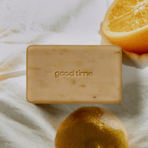 Tangerine, rectangular Good Time cleansing body bar.