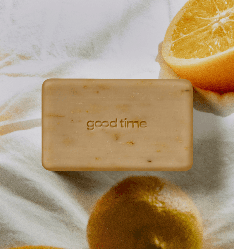 Tangerine, rectangular Good Time cleansing body bar.