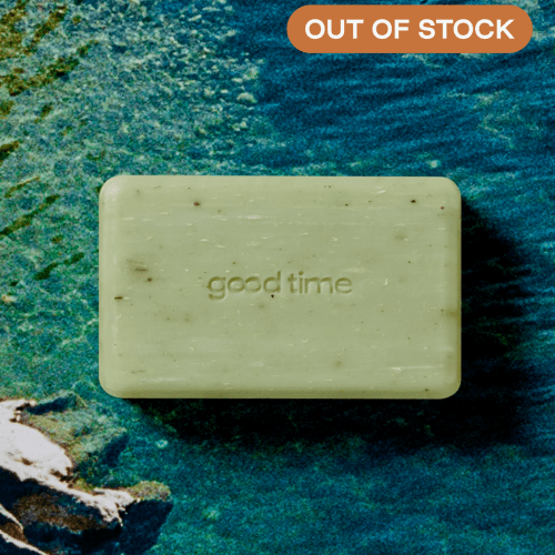 Light green, rectangular Good Time cleansing body bar.