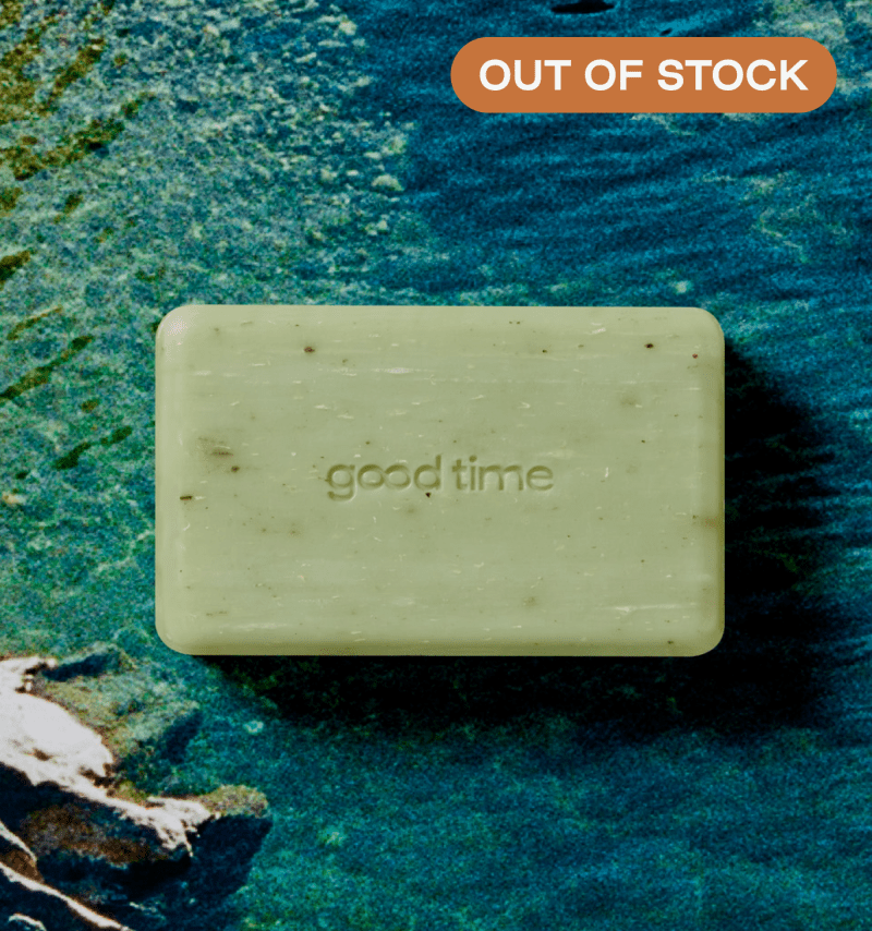 Light green, rectangular Good Time cleansing body bar.